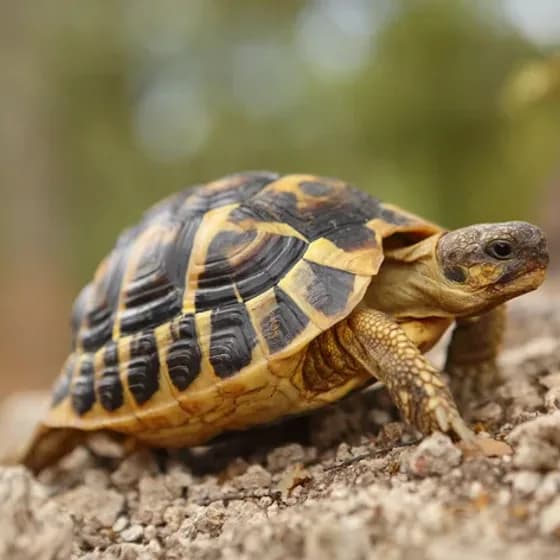 A tortoise with a black and gold shell walking over stony ground, and the same tortoise drawn by Petzyn in four styles
