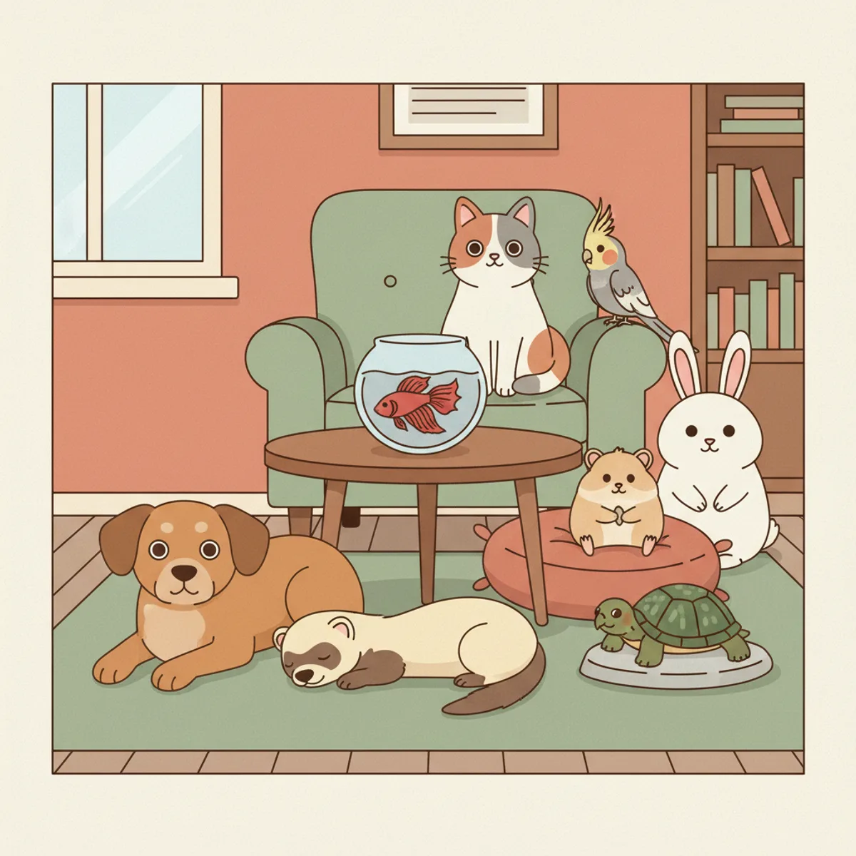 Eight pets drawn by Petzyn together in one room: a dog, a cat, a cockatiel, a fish, a hamster, a rabbit, a turtle and a ferret