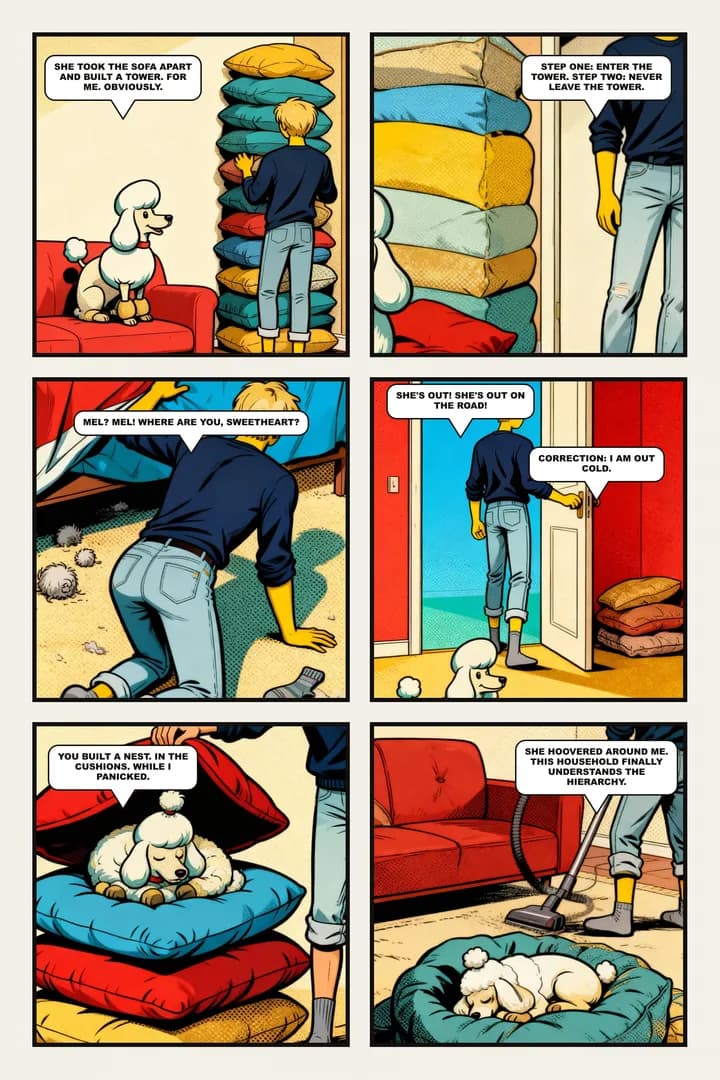 A six-panel comic page made by Petzyn: a white poodle burrows into a pile of sofa cushions while her owner searches the house for her