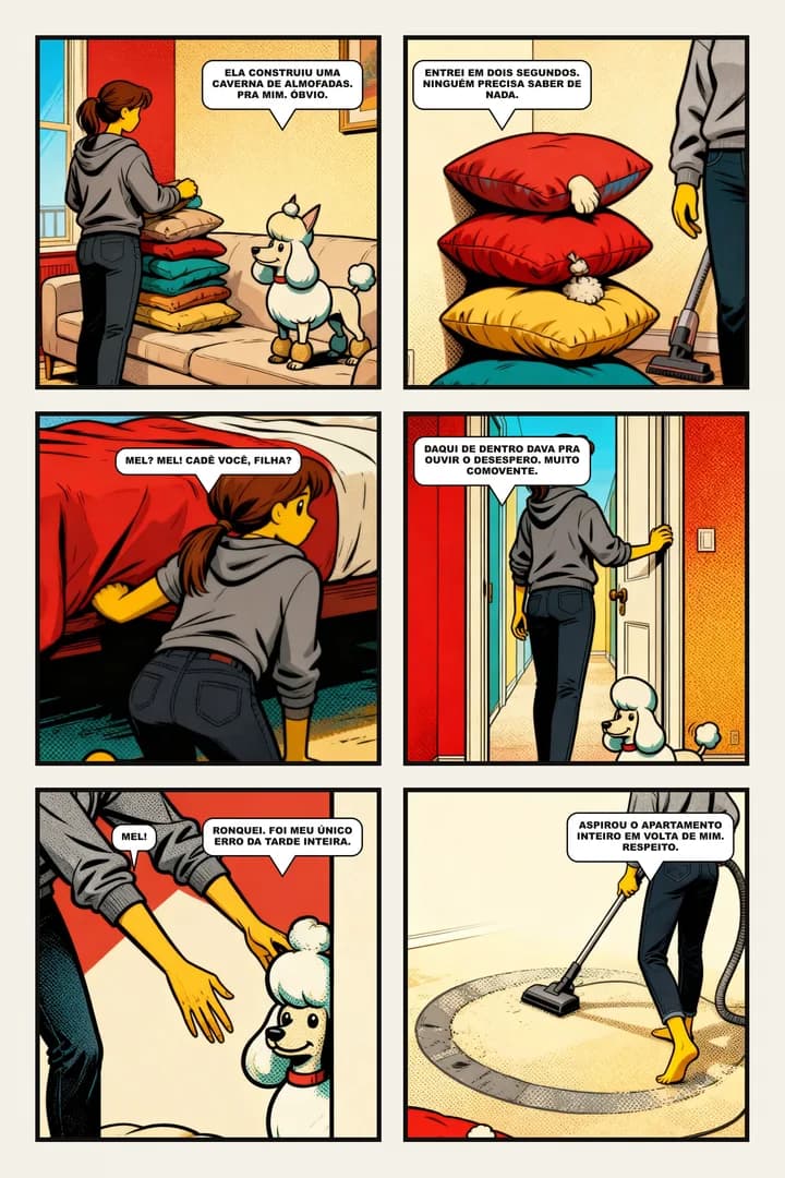 Uma página de quadrinho de seis quadros feita pelo Petzyn: uma poodle branca se enfia numa pilha de almofadas do sofá enquanto a dona procura por ela pela casa